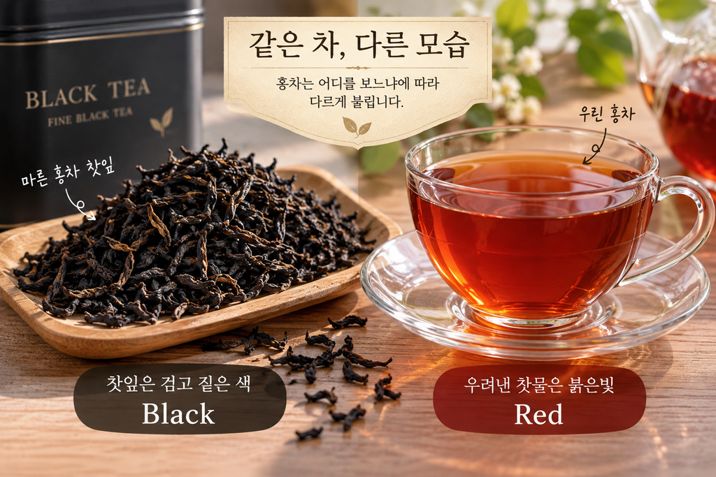 홍차 찻잎과 우린 찻물 색